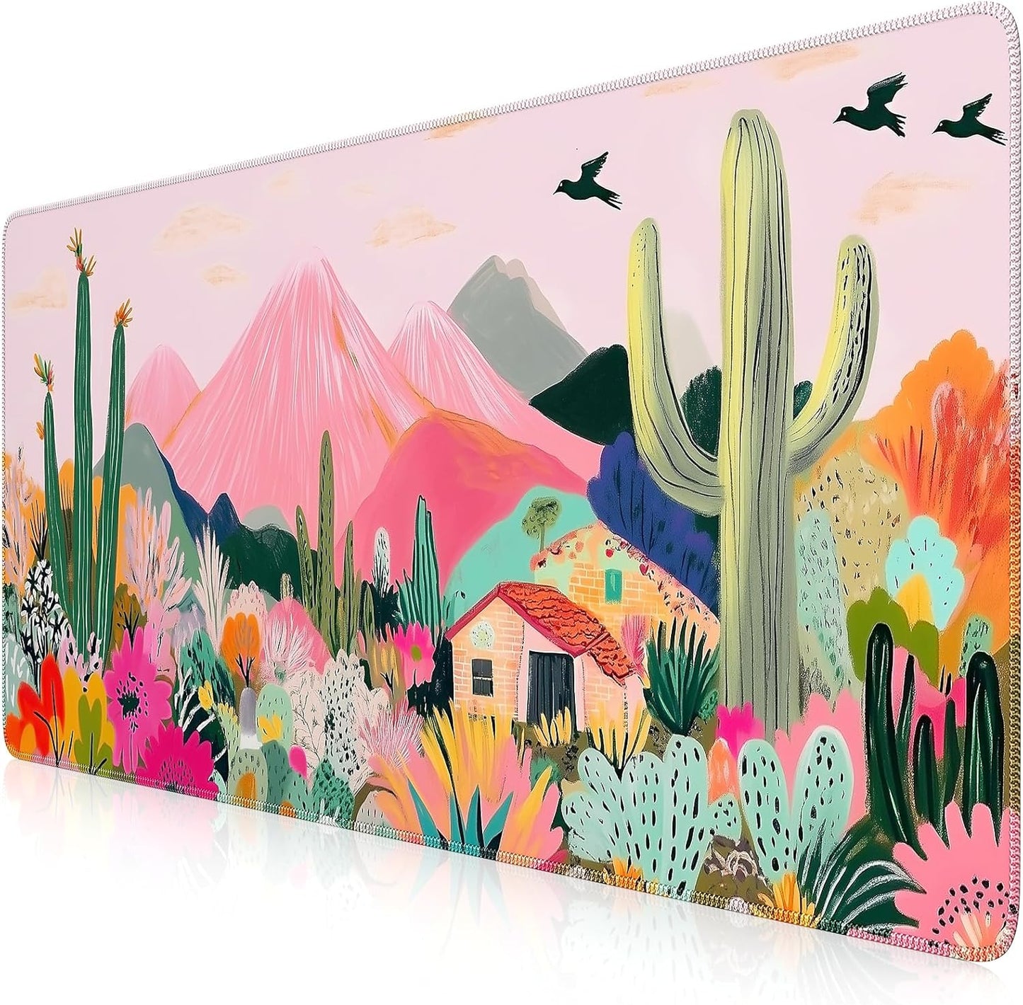 Large Gaming Mouse Pad (35"X16") - Waterproof Desk Mat with Non-Slip Rubber Base & Stitched Edges - Extended Keyboard Mousepad for Computer, PC, Office, Home Workspace (Cactus)
