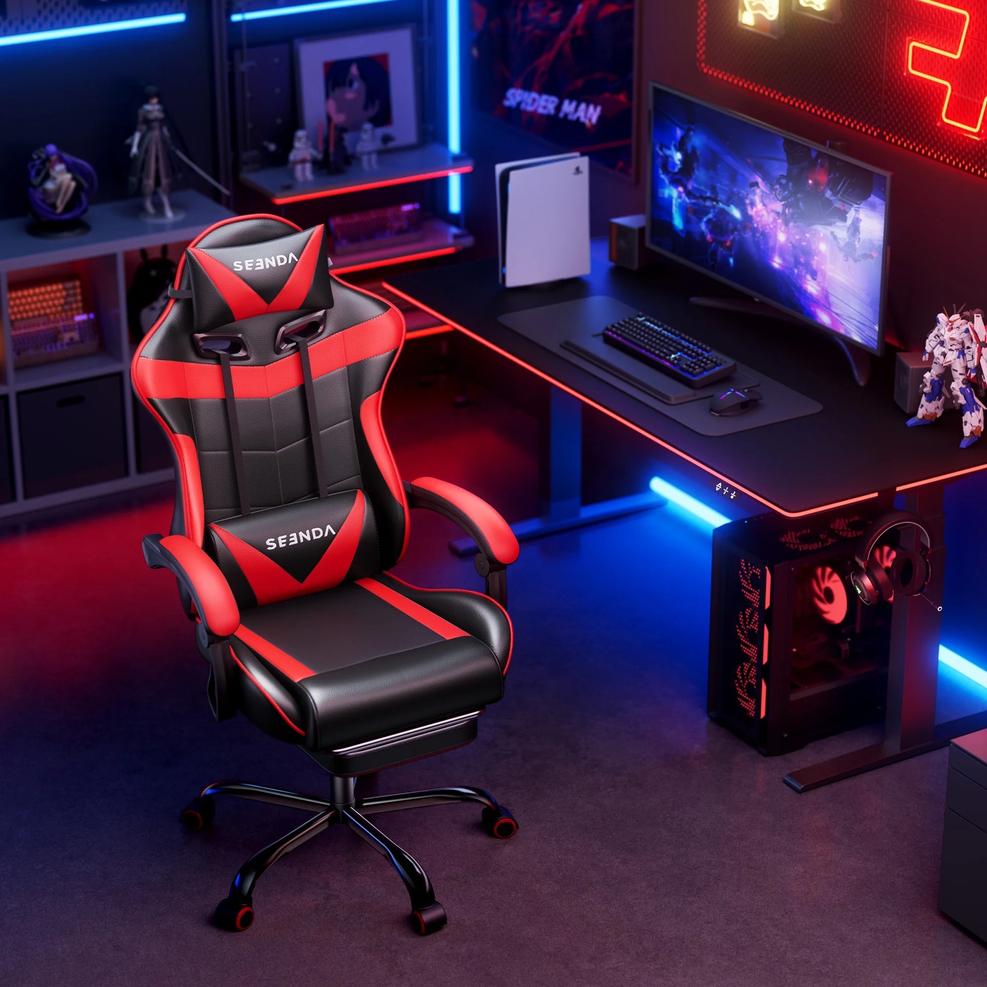 Gaming Chair,  Video Game Chair with Footrest and Lumbar Support, Ergonomic Computer Chair Height Adjustable with Swivel Seat and Headrest, Red