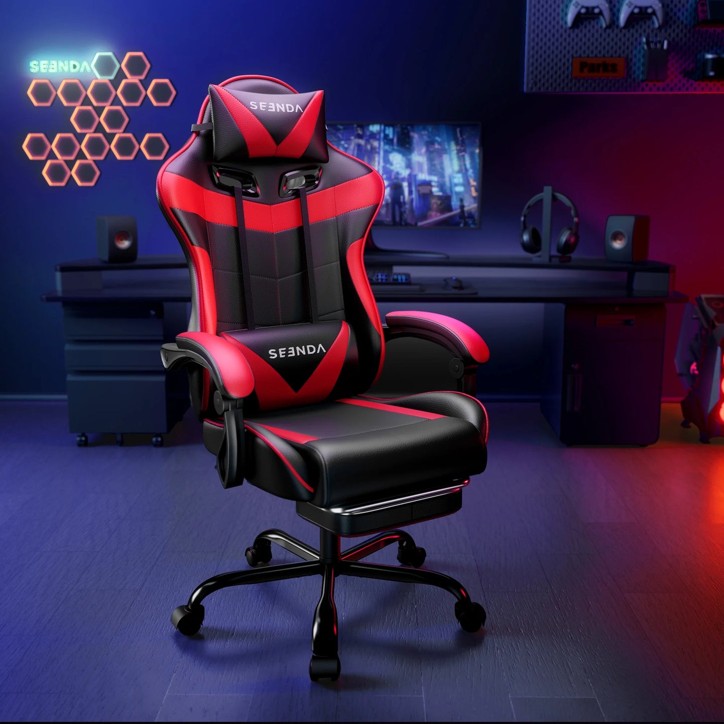 Gaming Chair,  Video Game Chair with Footrest and Lumbar Support, Ergonomic Computer Chair Height Adjustable with Swivel Seat and Headrest, Red