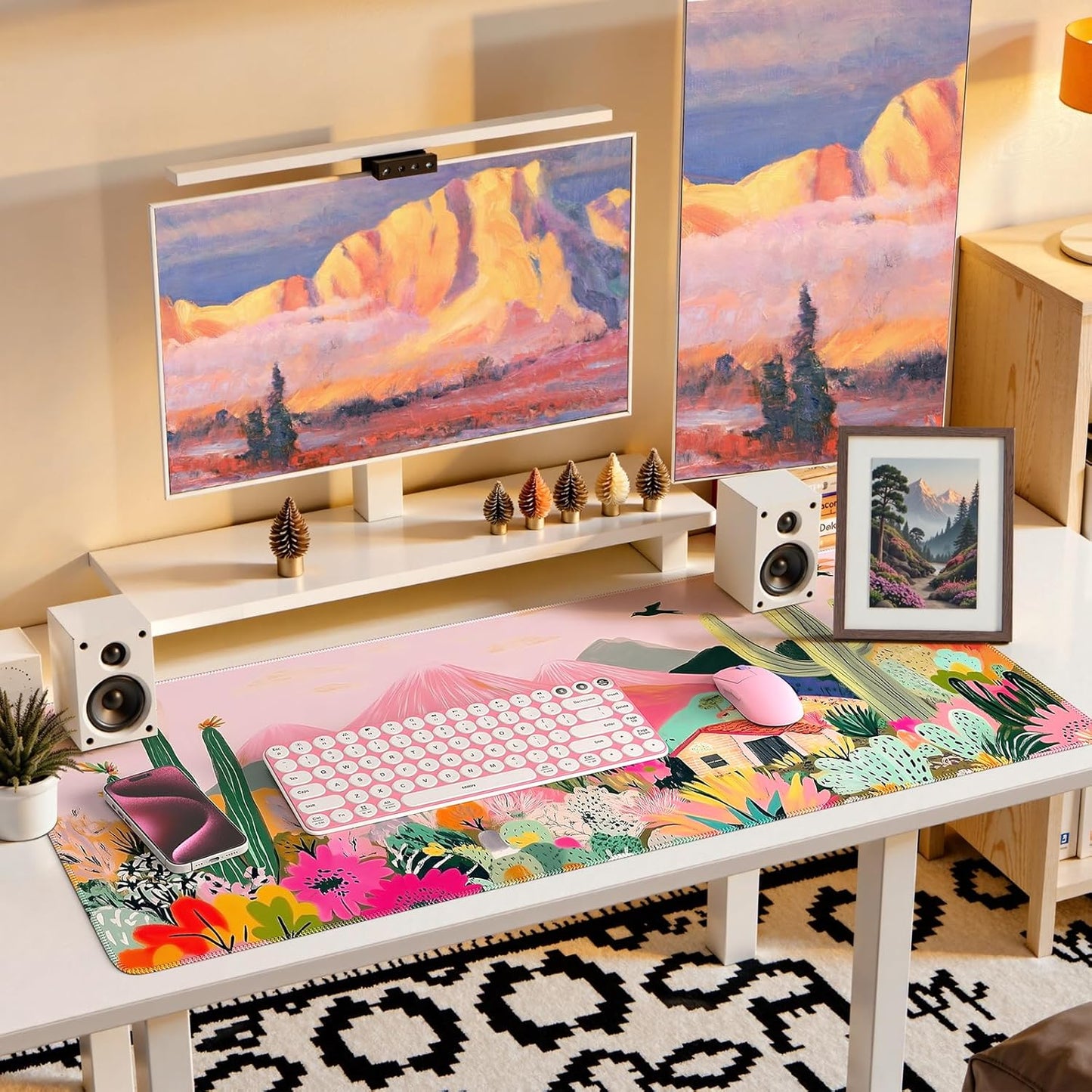 Large Gaming Mouse Pad (35"X16") - Waterproof Desk Mat with Non-Slip Rubber Base & Stitched Edges - Extended Keyboard Mousepad for Computer, PC, Office, Home Workspace (Cactus)