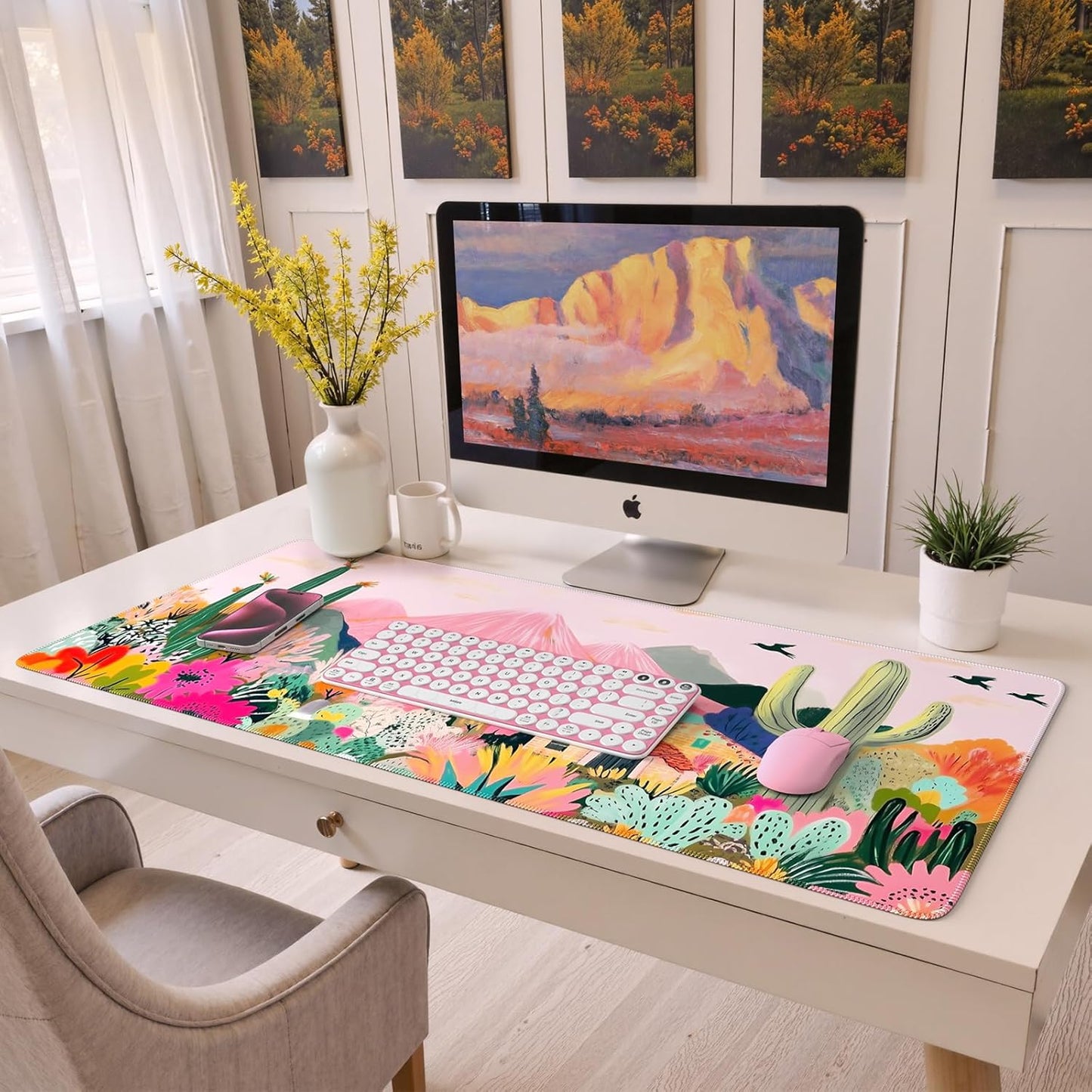 Large Gaming Mouse Pad (35"X16") - Waterproof Desk Mat with Non-Slip Rubber Base & Stitched Edges - Extended Keyboard Mousepad for Computer, PC, Office, Home Workspace (Cactus)