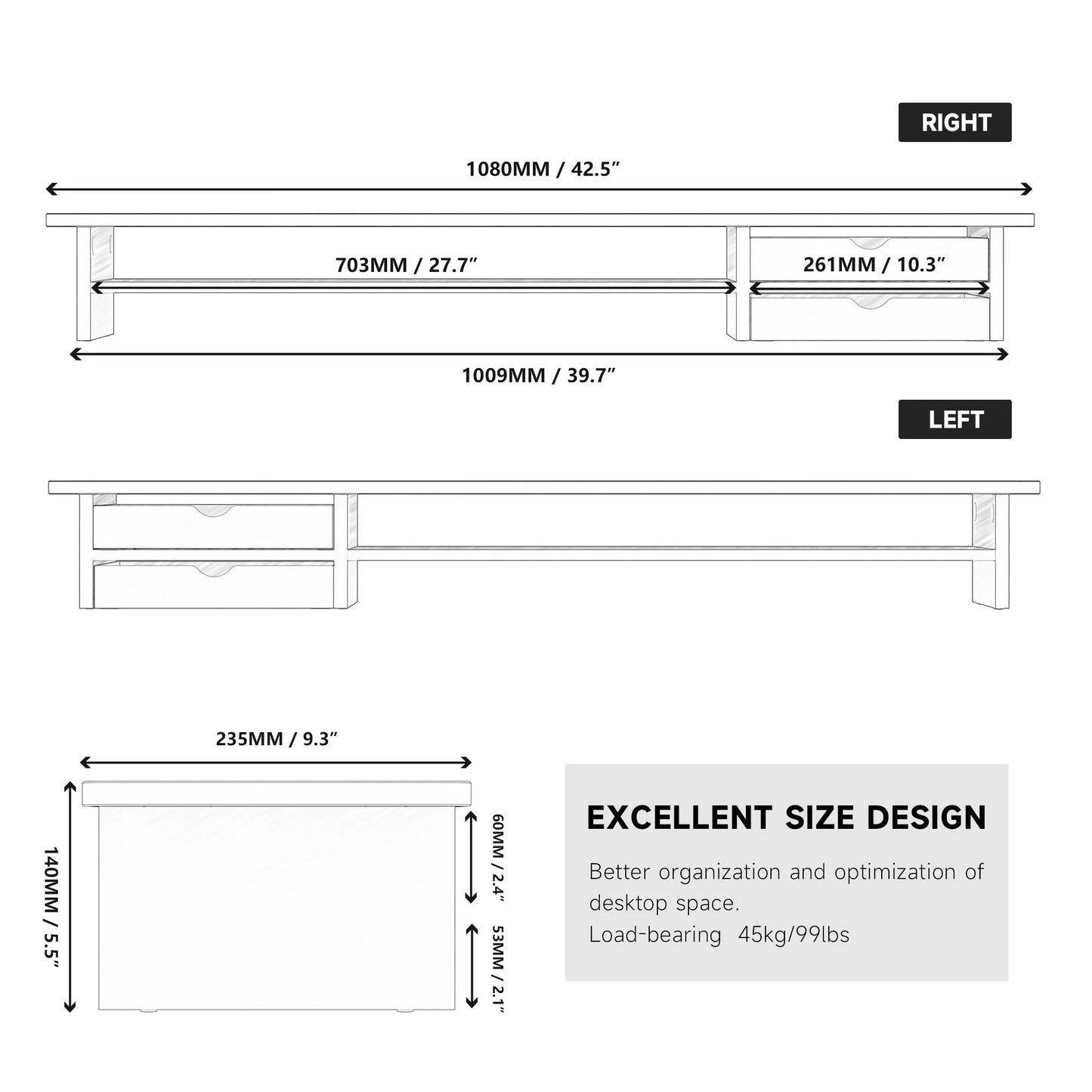 Dual Monitor Stand, 42.5Inch Monitor Riser with Acrylic Drawer