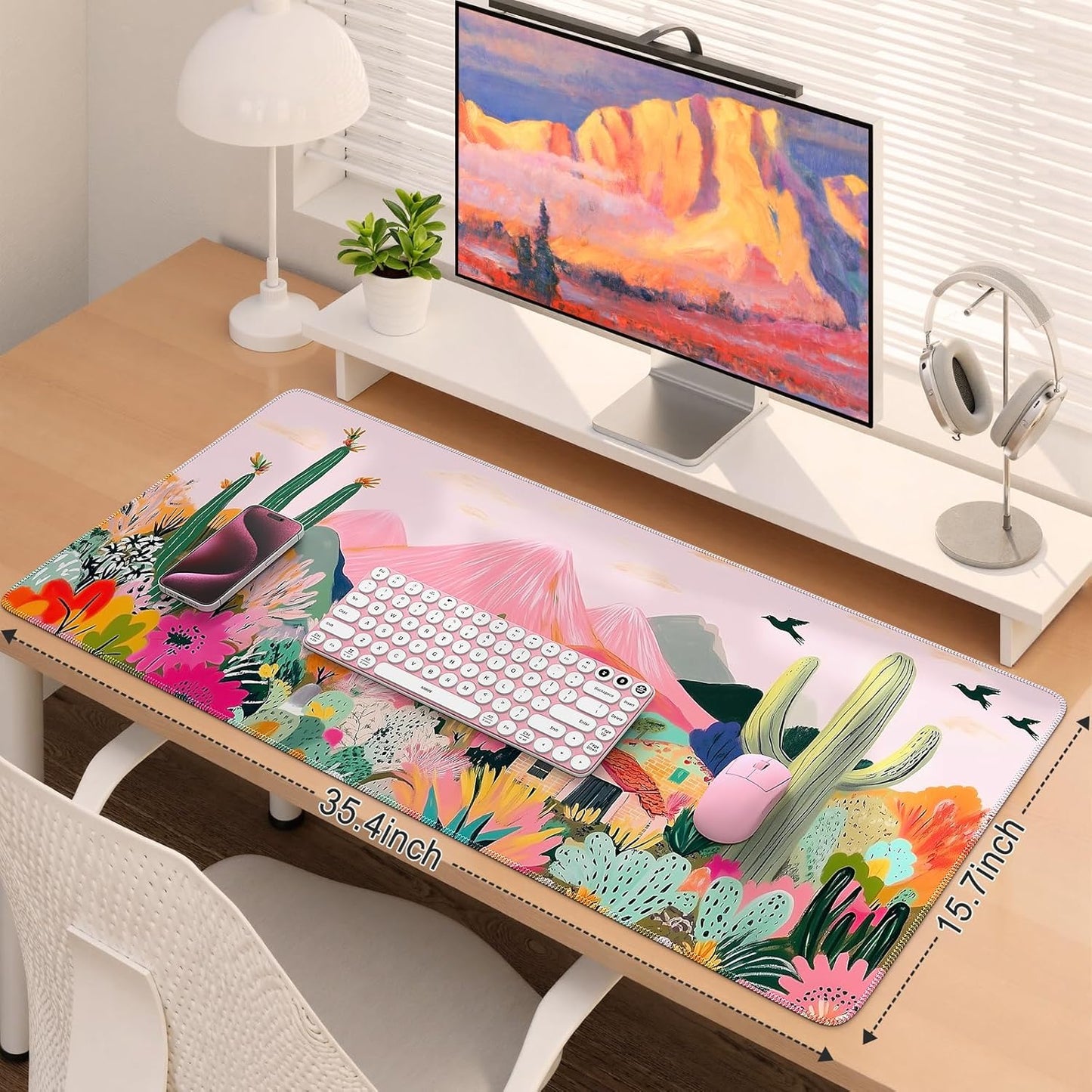 Large Gaming Mouse Pad (35"X16") - Waterproof Desk Mat with Non-Slip Rubber Base & Stitched Edges - Extended Keyboard Mousepad for Computer, PC, Office, Home Workspace (Cactus)